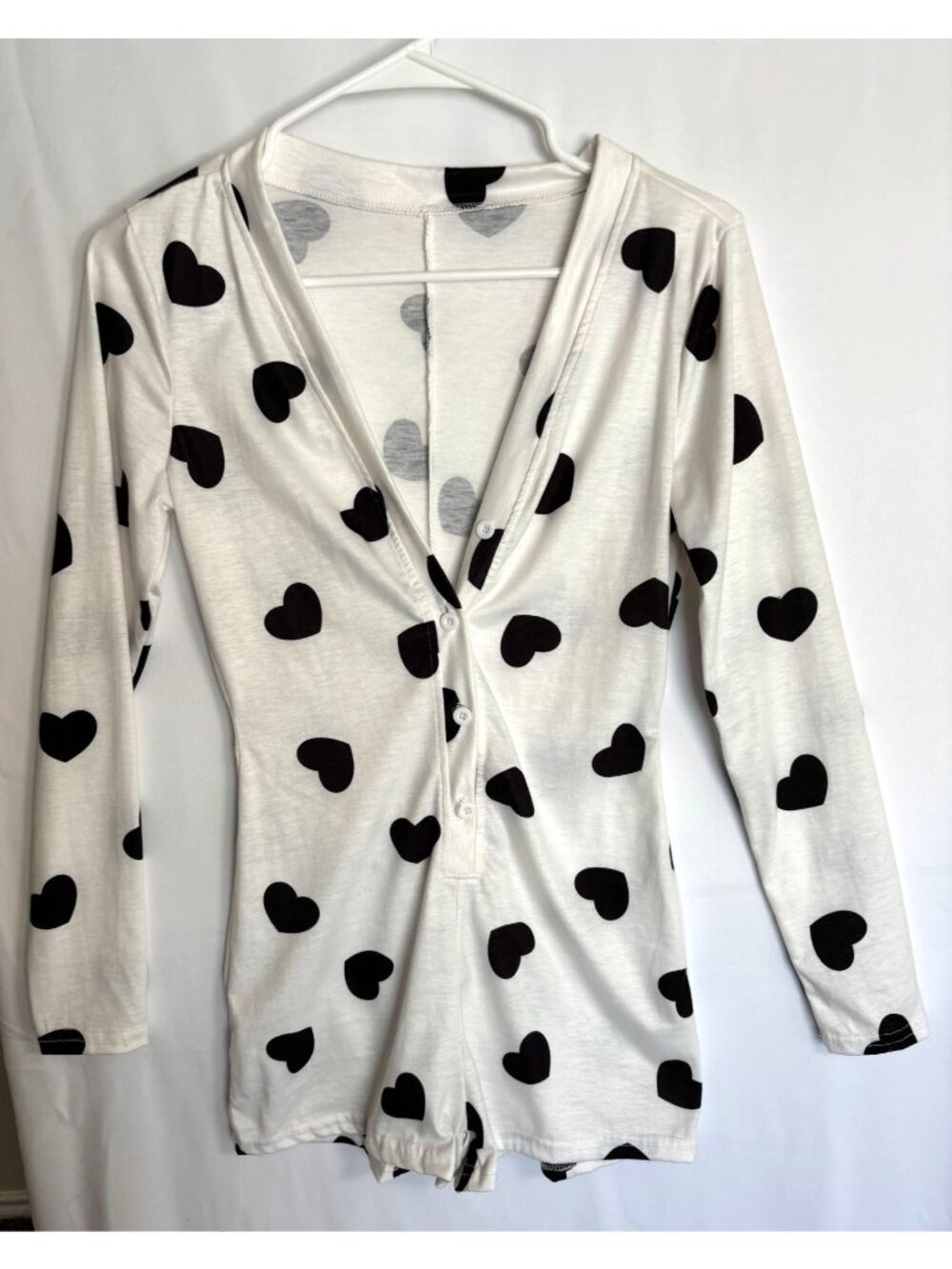 Heart Print Long Sleeve Romper | White | Size Small